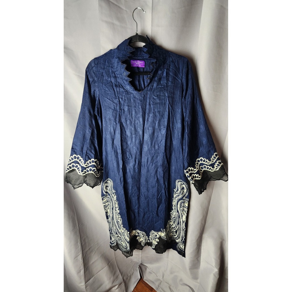 Sana Safinaz Navy Blue Jacquard Embroidered Kurta Tunic Top Women Medium EUC